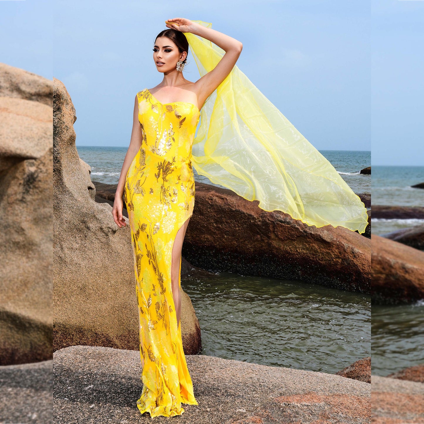 one shoulder sequin floral print side slit maxi dress in yellow