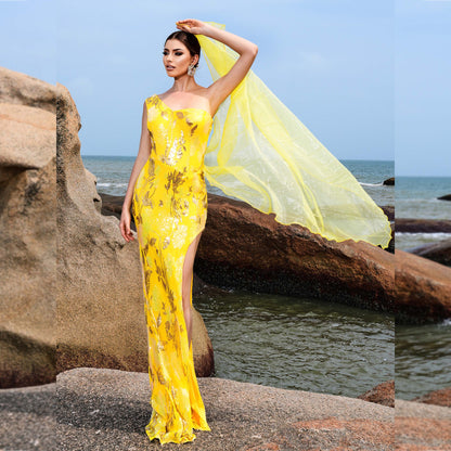one shoulder sequin floral print side slit maxi dress in yellow