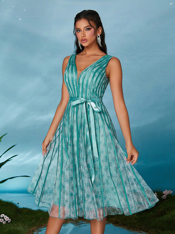 v neck floral print stripe detail belt midi dress in blue