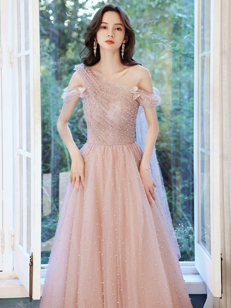 Pink one-shoulder pearl maxi tulle evening dress