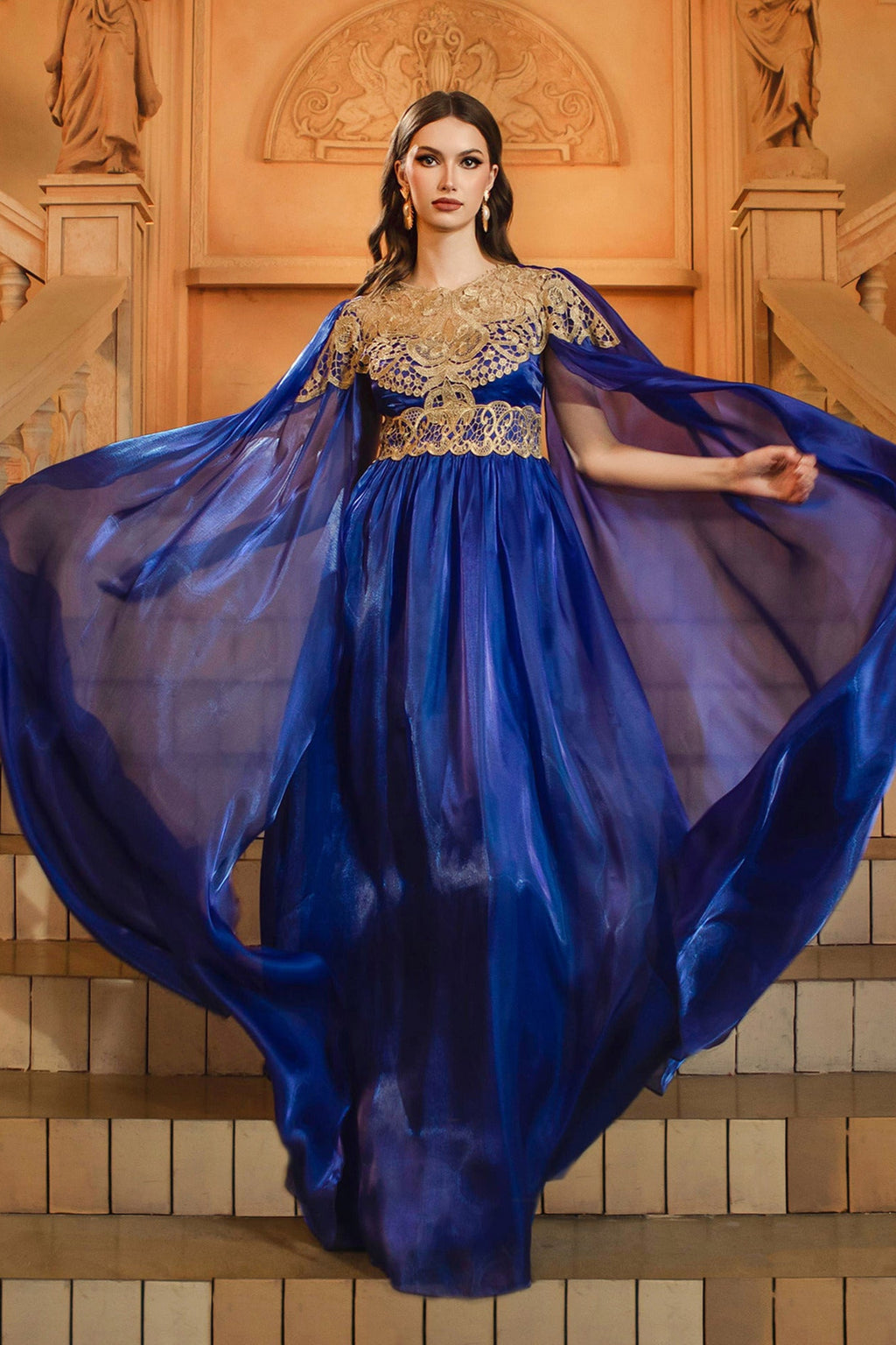 lace banquet swing evening dress in blue