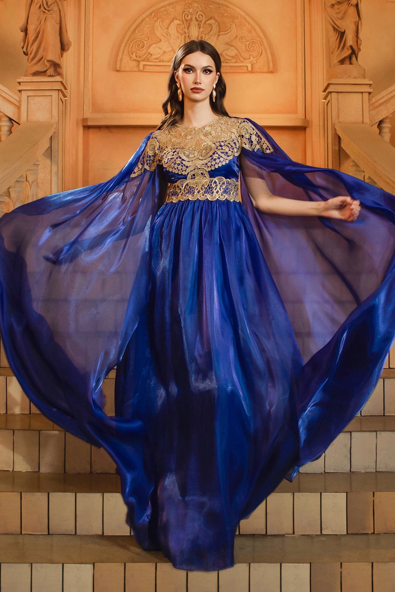 lace banquet swing evening dress in blue