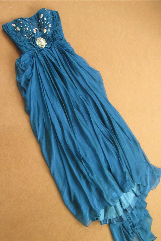 Blue chiffon tube top with large diamond buckle maxi dress
