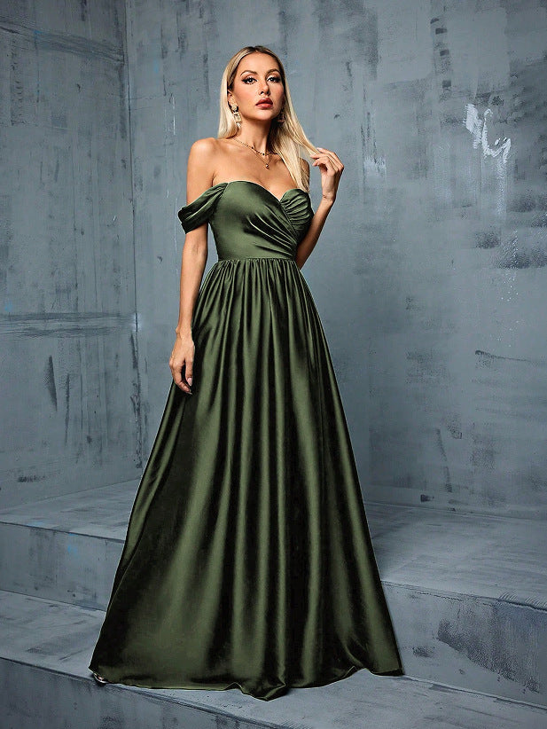 off shoulder ruched satin maxi dress in green
