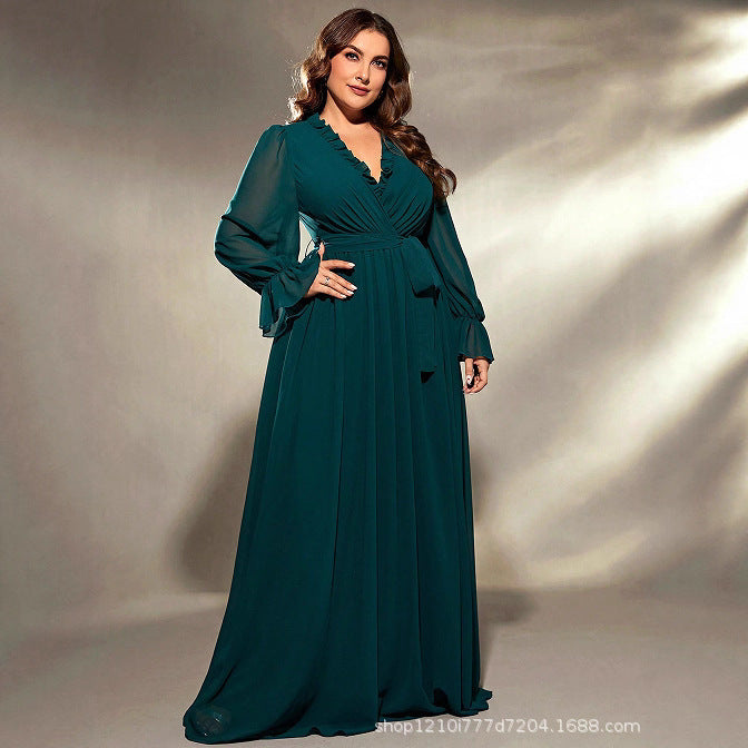 wendy v neck long sleeve chiffon maxi dress in green