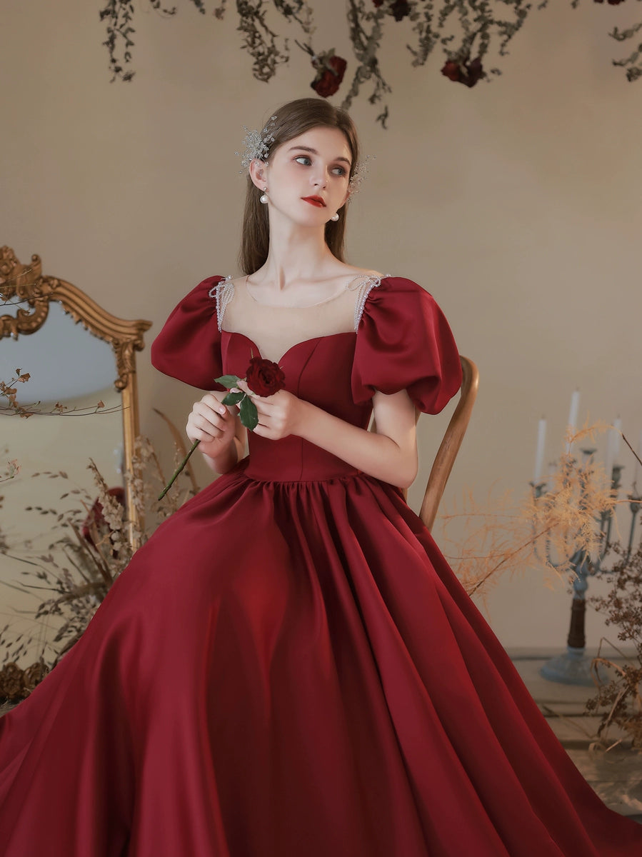 Red puff sleeve satin maxi dress