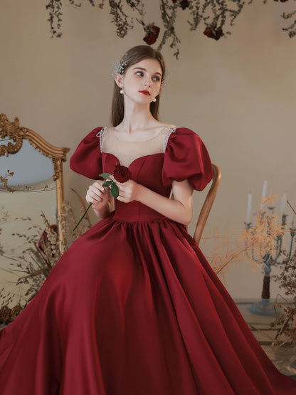 Red puff sleeve satin maxi dress