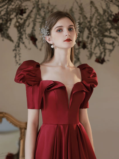 v-neck puff sleeve satin maxi dress in claret