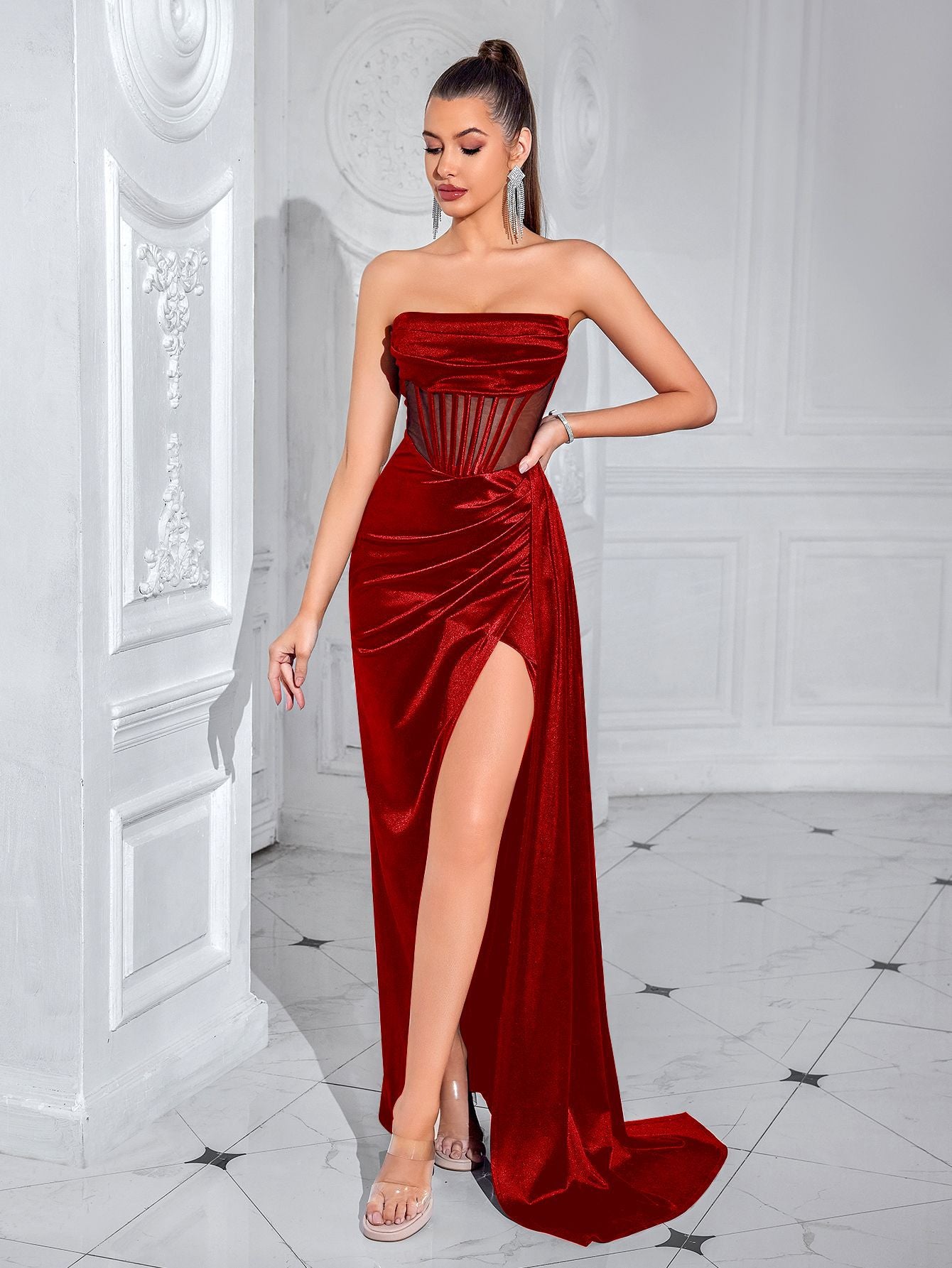giselle off-shoulder Fishbone slit maxi dress