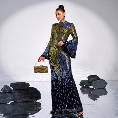 Round neck long sequined mermaid dress