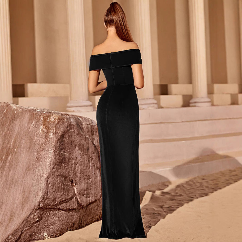 One-shoulder strapless high-slit evening dress