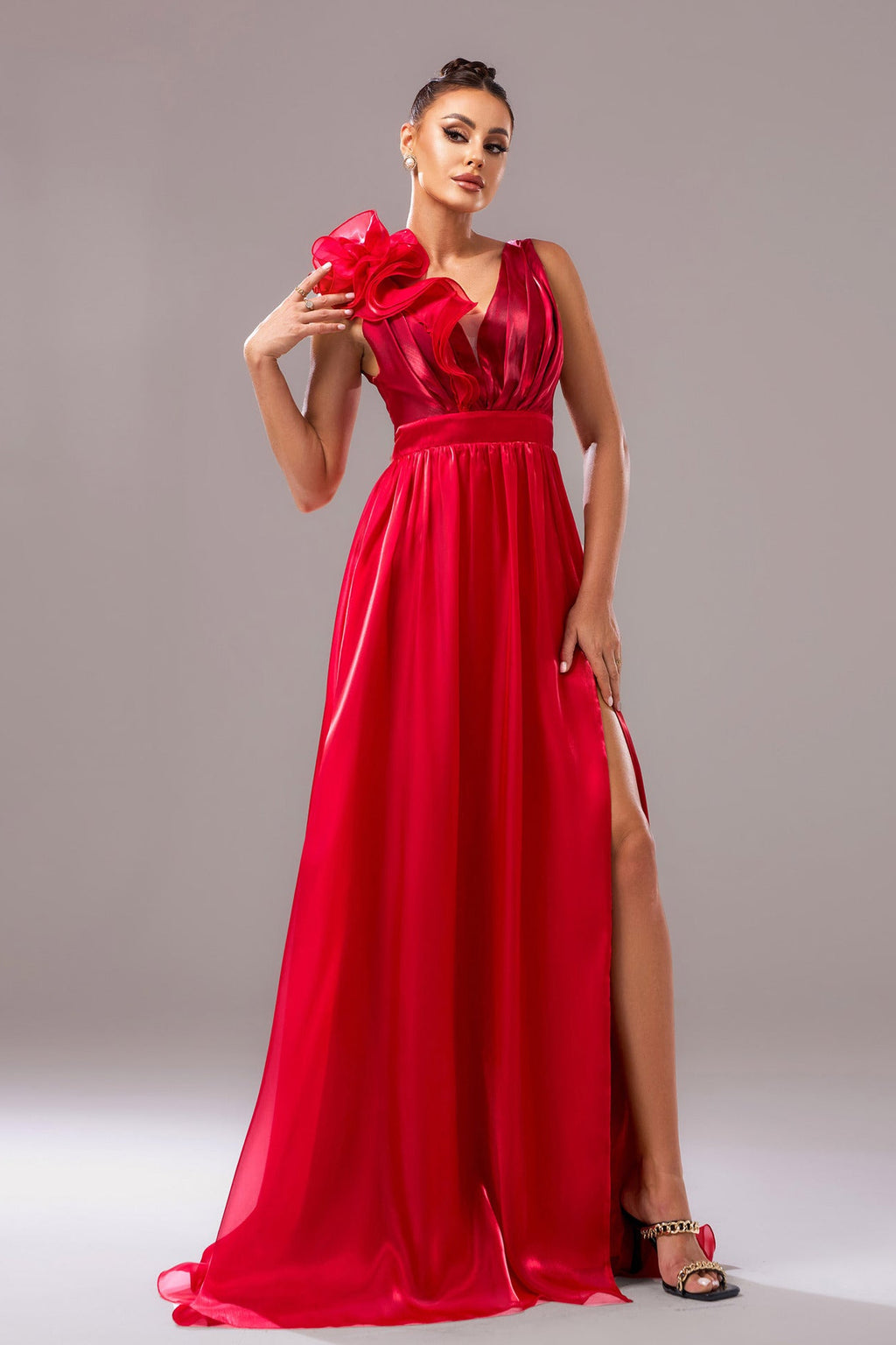 Sleeveless V-neck floral hip-hugging slit dress - red