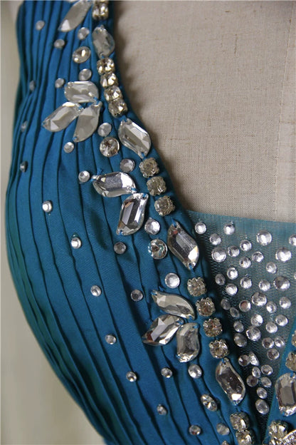 Peacock blue glass diamond shoulder chiffon maxi dress