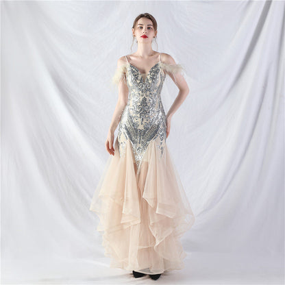 feather sequin strapless tulle maxi dress