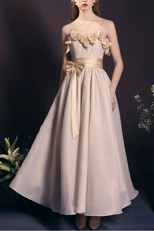 champagne off shoulder flower maxi dress