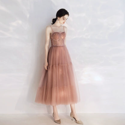 rhinestone embellished tulle midi dress in pink