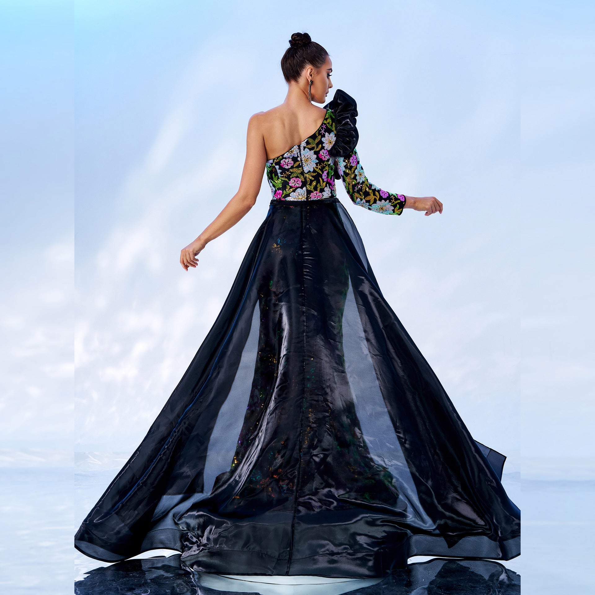 one-shoulder floral embroidery maxi dress in black
