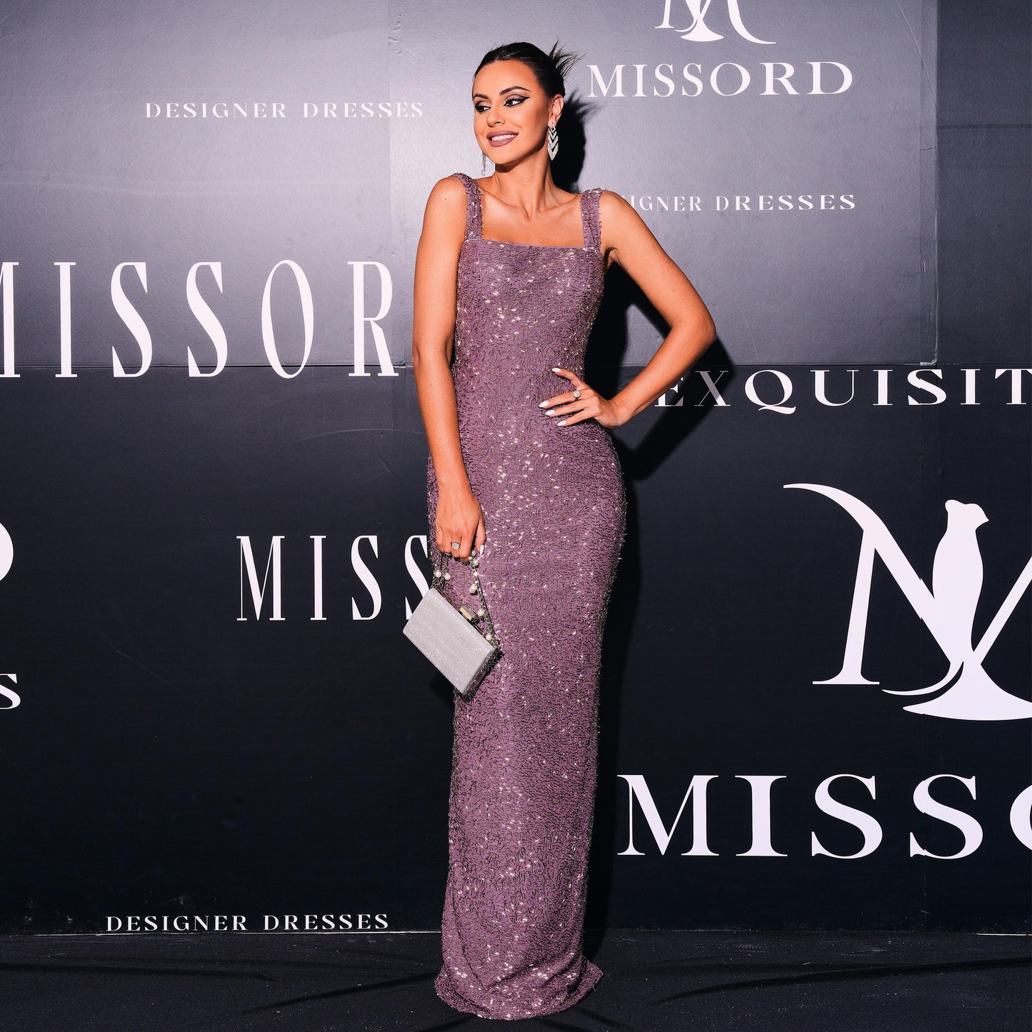 square neck sequin body maxi dress in purple