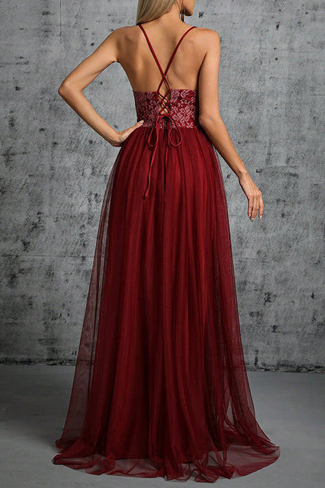 v-neck floral emdroidery patchwork tulle maxi dress in burgundy