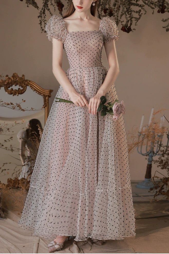 polka dots puff short sleeve midi dress in pink white