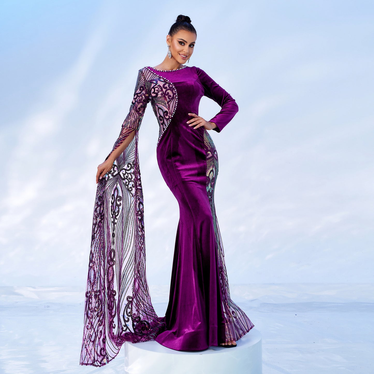 sequin applique pearl detail velvet maxi dress in purple