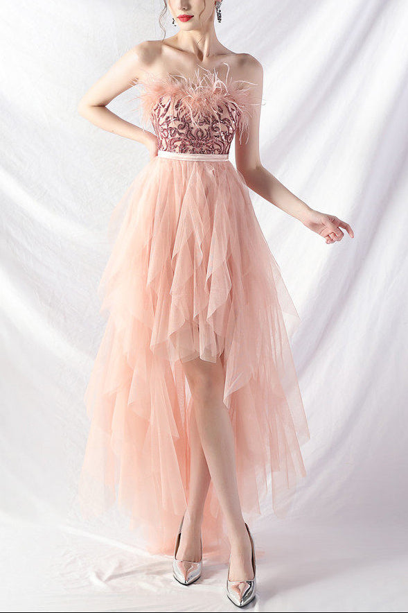 Strapless feather tulle midi dress