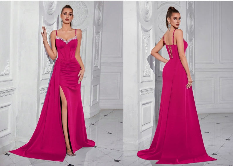 evelyn Rhinestones satin draped high slit maxi dress