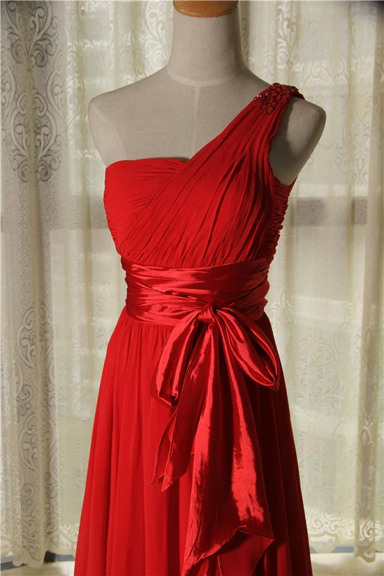 red one-shoulder chiffon evening maxi dress