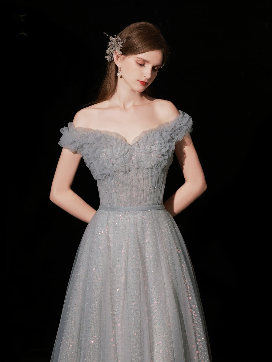 off-shoulder pleated sequin maxi dress in blue-gray