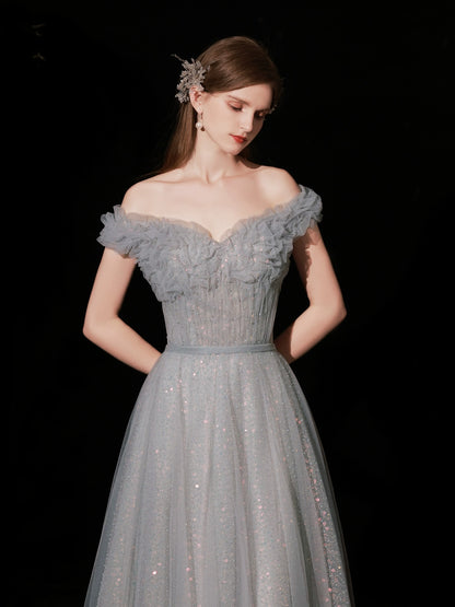off-shoulder pleated sequin maxi dress in blue-gray