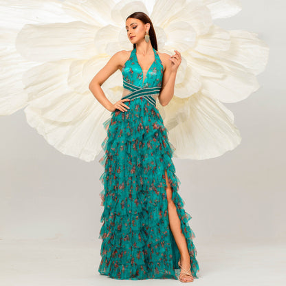 green floral print ruffle trim layer halter cutout maxi dress