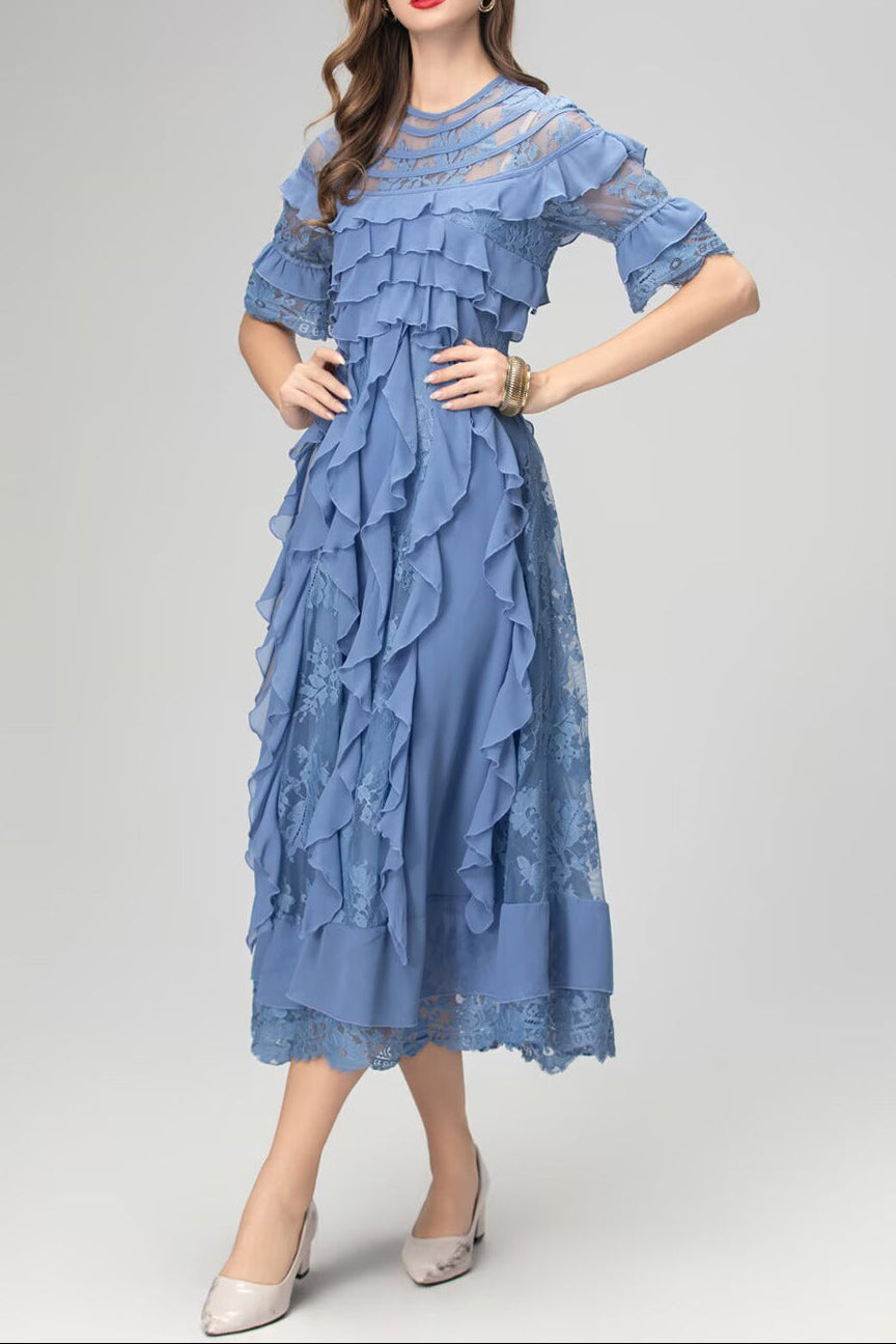 lorraine lace ruffle trim midi dress in blue