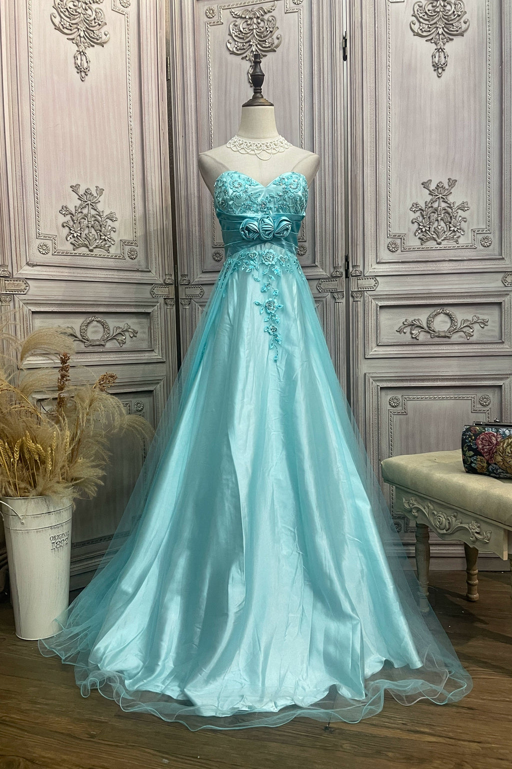 Blue embroidered mesh tube top long dress