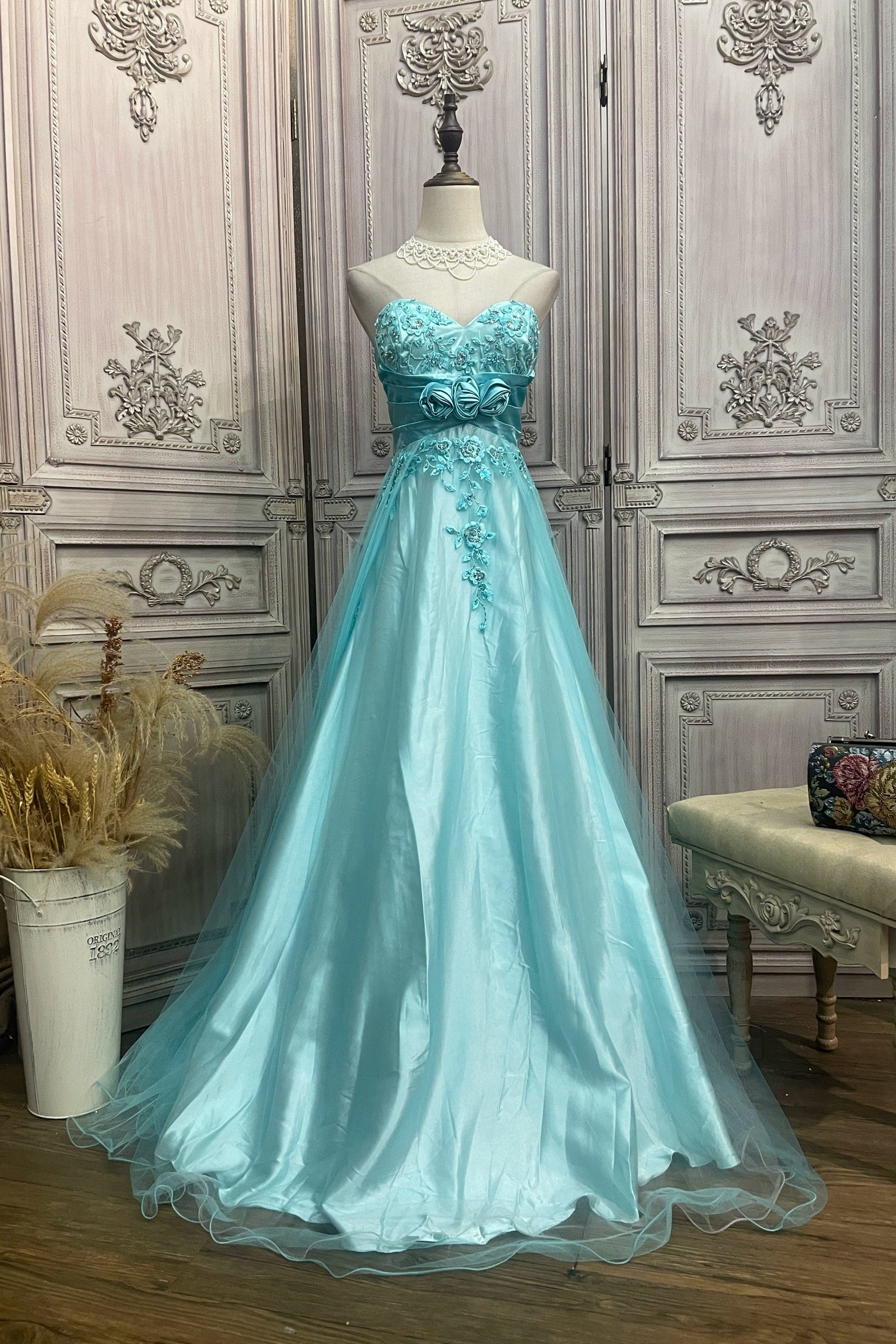 Blue embroidered mesh tube top long dress