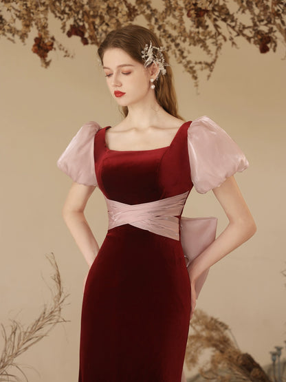 Stephanie wine red velvet fishtail maxi dress