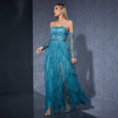 sequin tulle layer lace hollow long sleeve strapless maxi dress