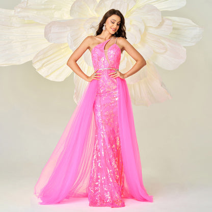 One-shoulder asymmetrical neckline sequined mesh dress