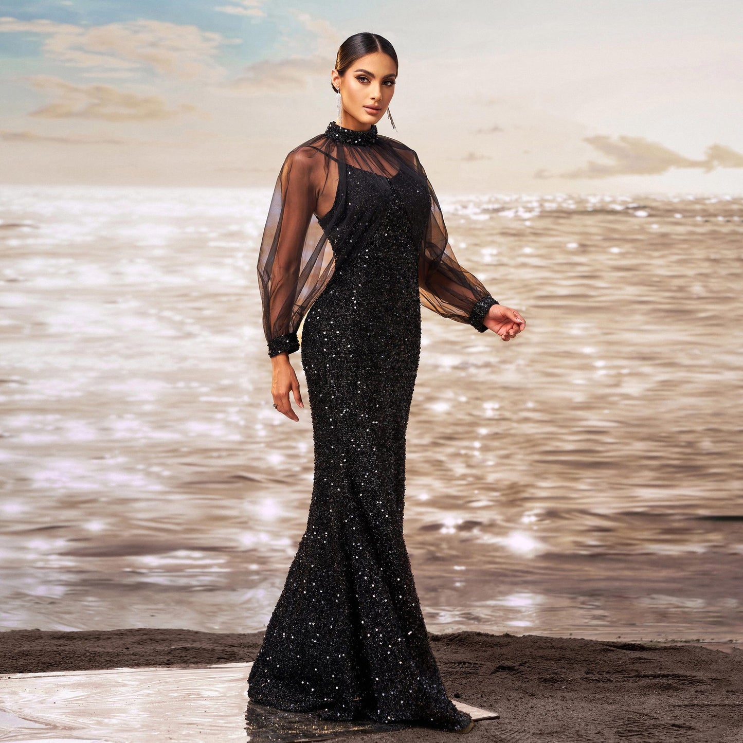sequin embellished tulle sleeve maxi dress in black