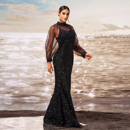 sequin embellished tulle sleeve maxi dress in black