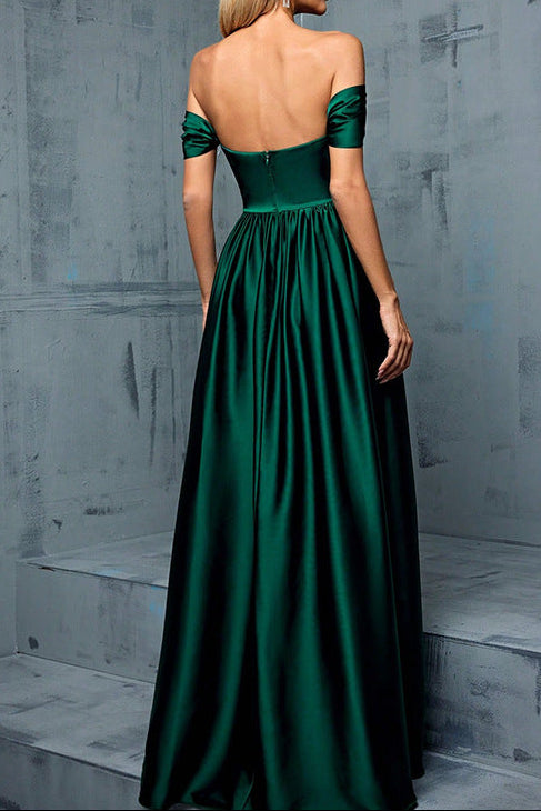 off shoulder ruched satin maxi dress in green