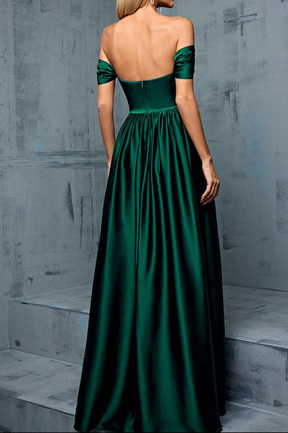 off shoulder ruched satin maxi dress in green