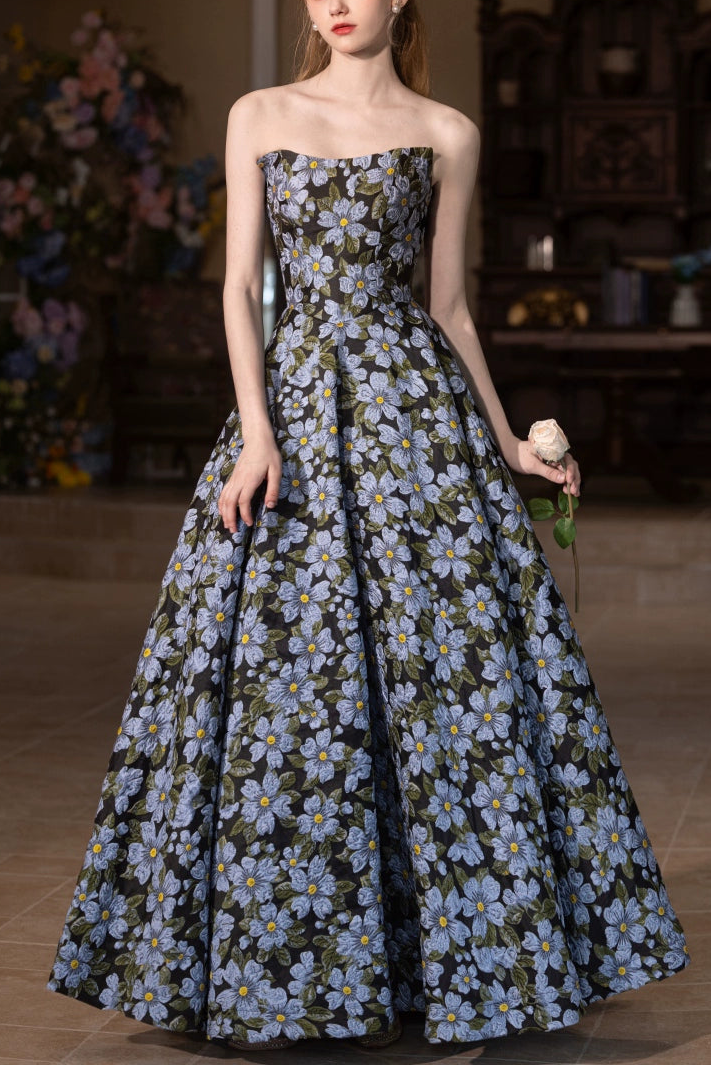 lulu blue-black floral print strapless maxi dress