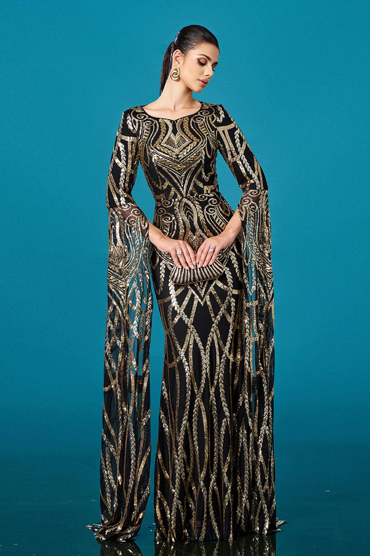 black gold Long-sleeved round-neck hip-wrapped mermaid evening dress