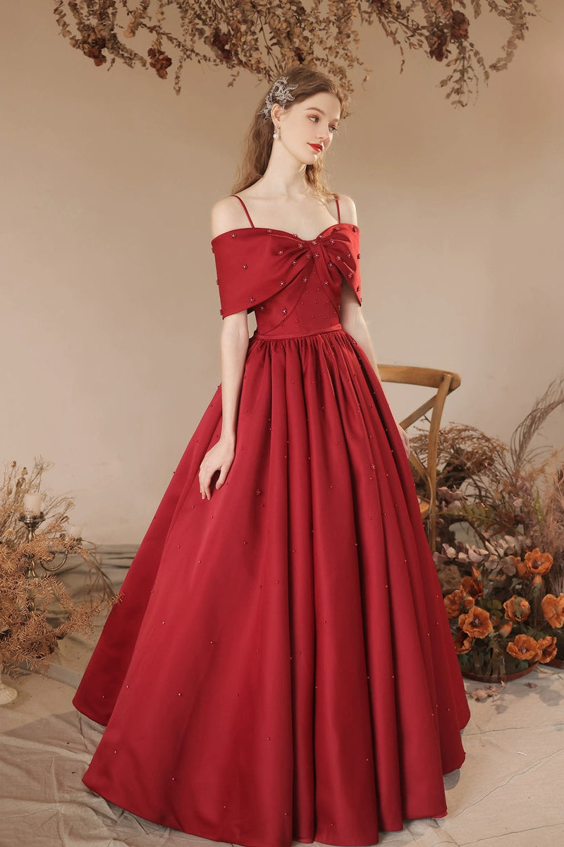 Claret pearl embellished satin bow maxi dress