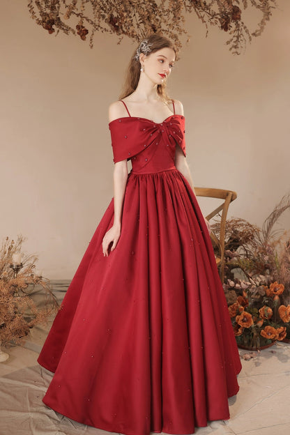 Claret pearl embellished satin bow maxi dress
