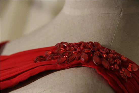 red one-shoulder chiffon evening maxi dress