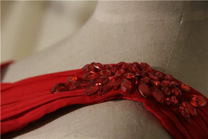 red one-shoulder chiffon evening maxi dress
