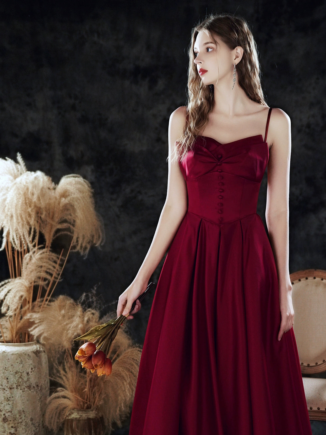 carol bow satin maxi dress in burgundy