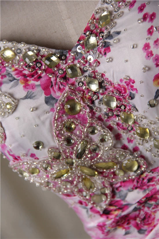 Cherry Blossom Printed Fishtail Strapless Evening Dress with Beading