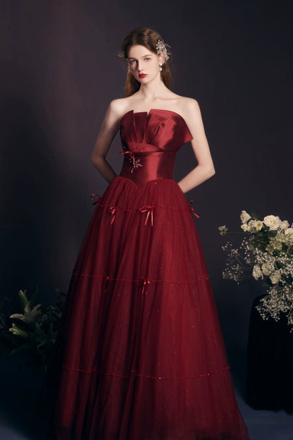 flower embellished strapless maxi dress in claret